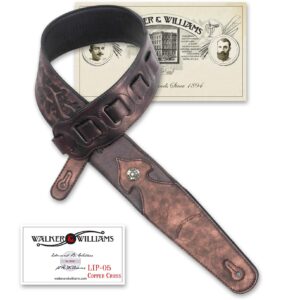 walker & williams lip-05 metallic copper leather guitar strap with cross and thorns christian tooling for acoustic, electric, and bass guitars