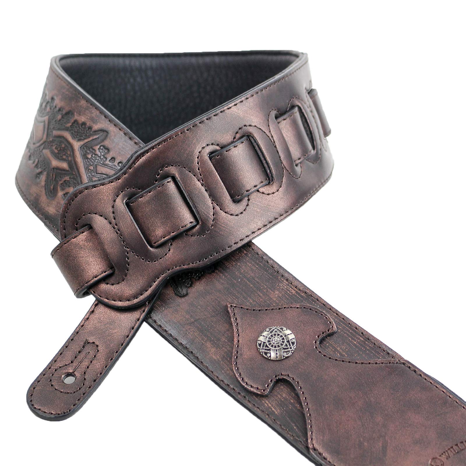 Walker & Williams LIP-05 Metallic Copper Leather Guitar Strap with Cross and Thorns Christian Tooling For Acoustic, Electric, And Bass Guitars