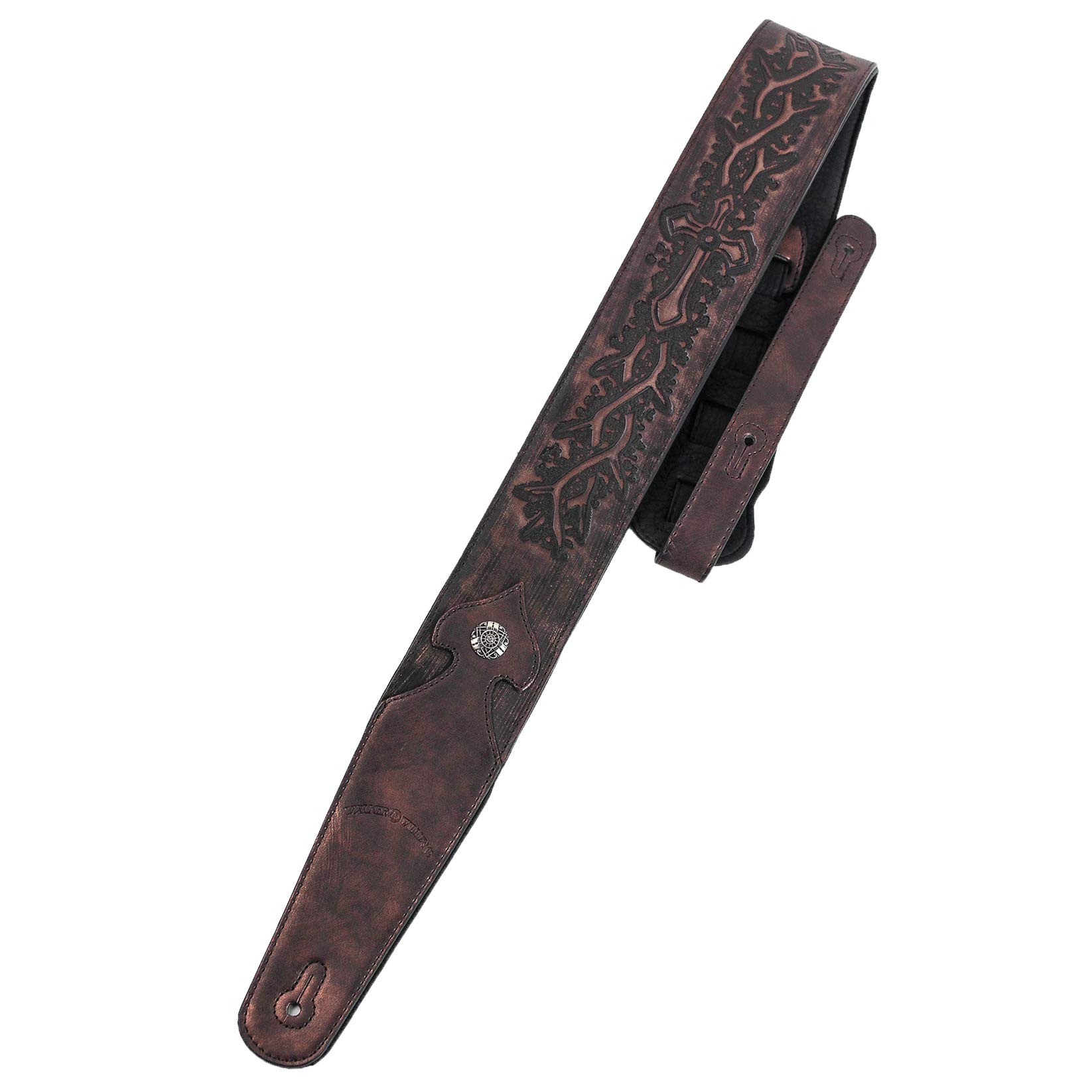 Walker & Williams LIP-05 Metallic Copper Leather Guitar Strap with Cross and Thorns Christian Tooling For Acoustic, Electric, And Bass Guitars