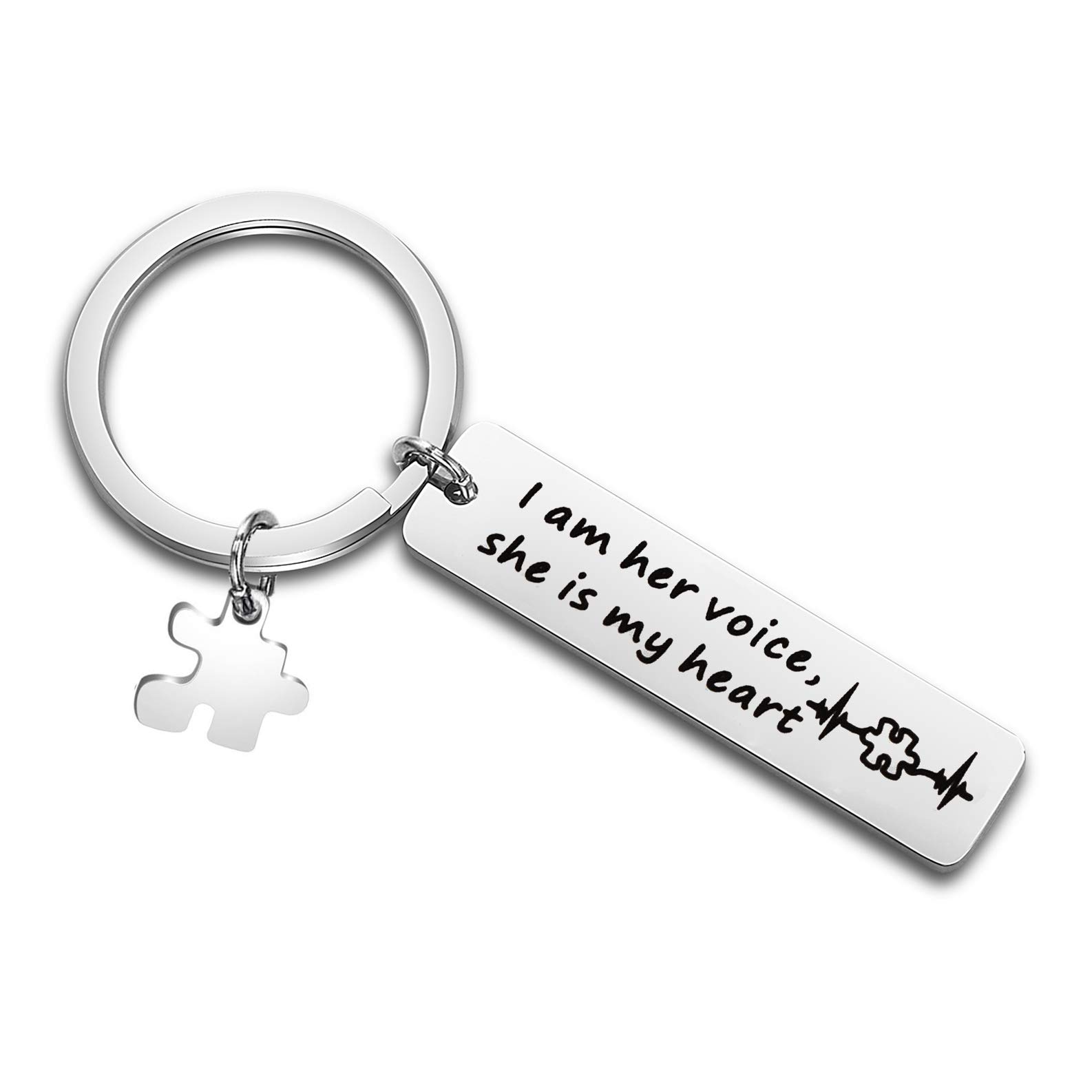 QIIER Autism Awareness Keychain I Am His Voice He Is My Heart Keychain with Puzzle Piece Charm Autism Mom Gift (her voice)