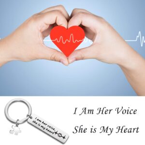 QIIER Autism Awareness Keychain I Am His Voice He Is My Heart Keychain with Puzzle Piece Charm Autism Mom Gift (her voice)