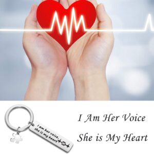 QIIER Autism Awareness Keychain I Am His Voice He Is My Heart Keychain with Puzzle Piece Charm Autism Mom Gift (her voice)