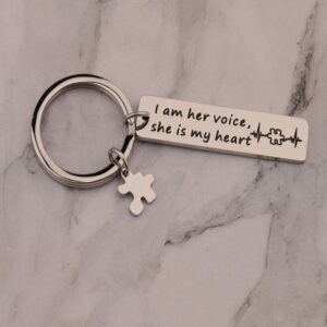 QIIER Autism Awareness Keychain I Am His Voice He Is My Heart Keychain with Puzzle Piece Charm Autism Mom Gift (her voice)