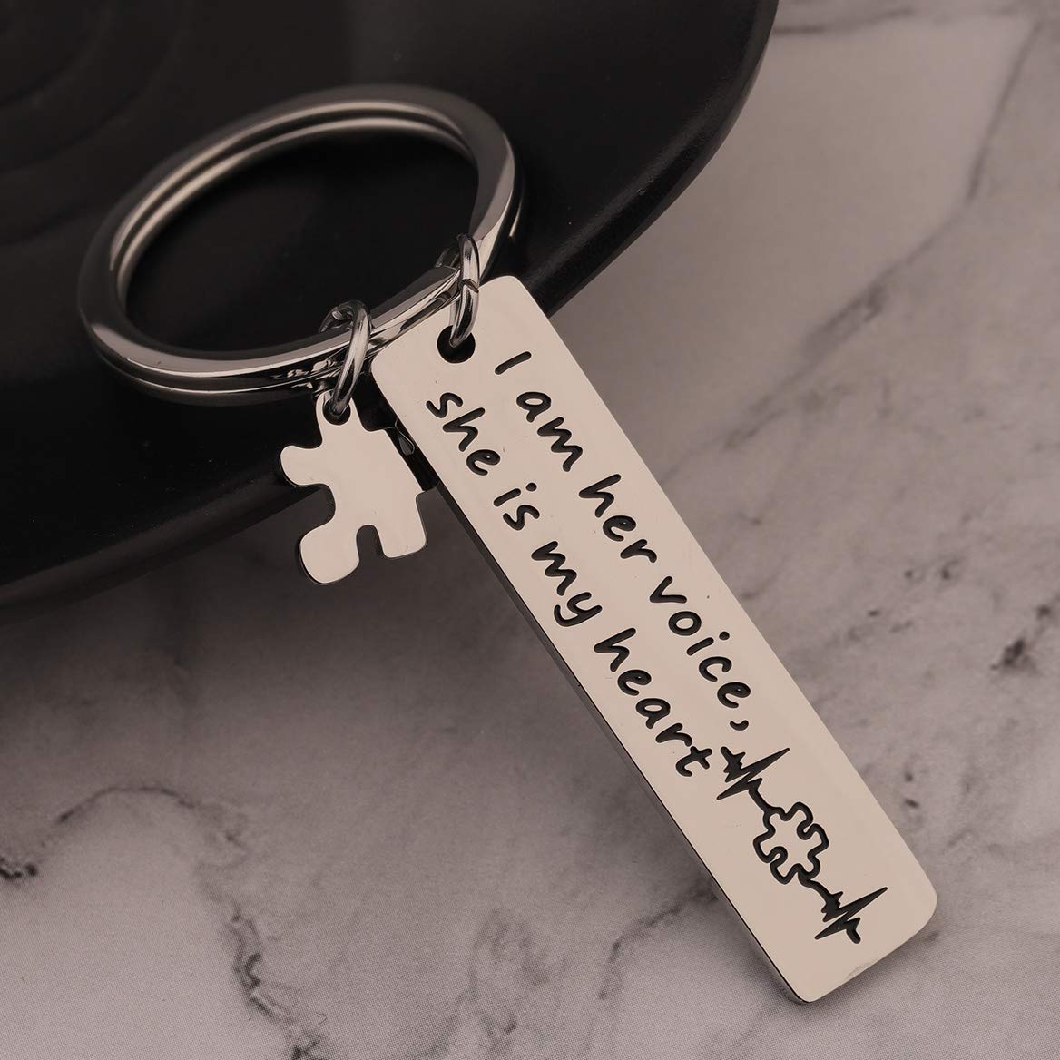 QIIER Autism Awareness Keychain I Am His Voice He Is My Heart Keychain with Puzzle Piece Charm Autism Mom Gift (her voice)