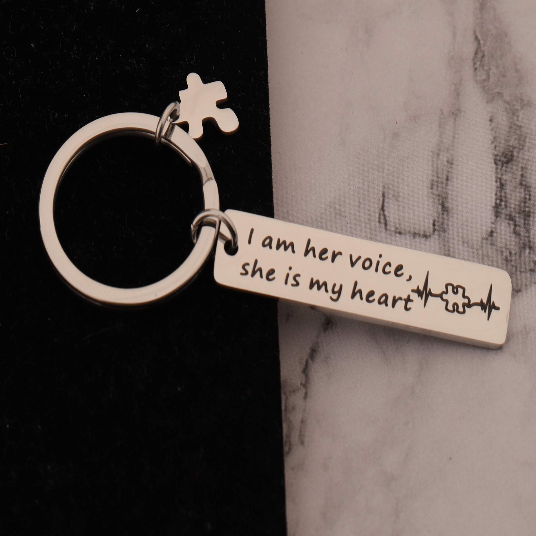 QIIER Autism Awareness Keychain I Am His Voice He Is My Heart Keychain with Puzzle Piece Charm Autism Mom Gift (her voice)