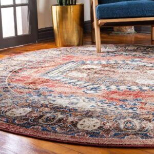 Unique Loom Utopia Collection Area Rug - Larissa (4' 1" Round, Terracotta/ Blue)