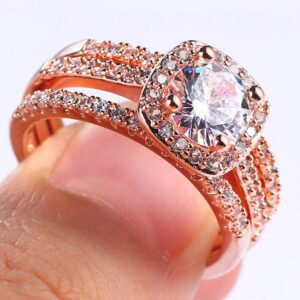 Jude Jewelers Silver Rose Gold Three-in-One Wedding Engagement Bridal Halo Ring Set (Rose Gold, 7)