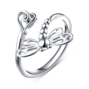 DAOCHONG 925 Sterling Silver Open Heart Insect Dragonfly Wrap Ring for Women (Adjustable Ring) (Dragonfly(wing fitting finger design))