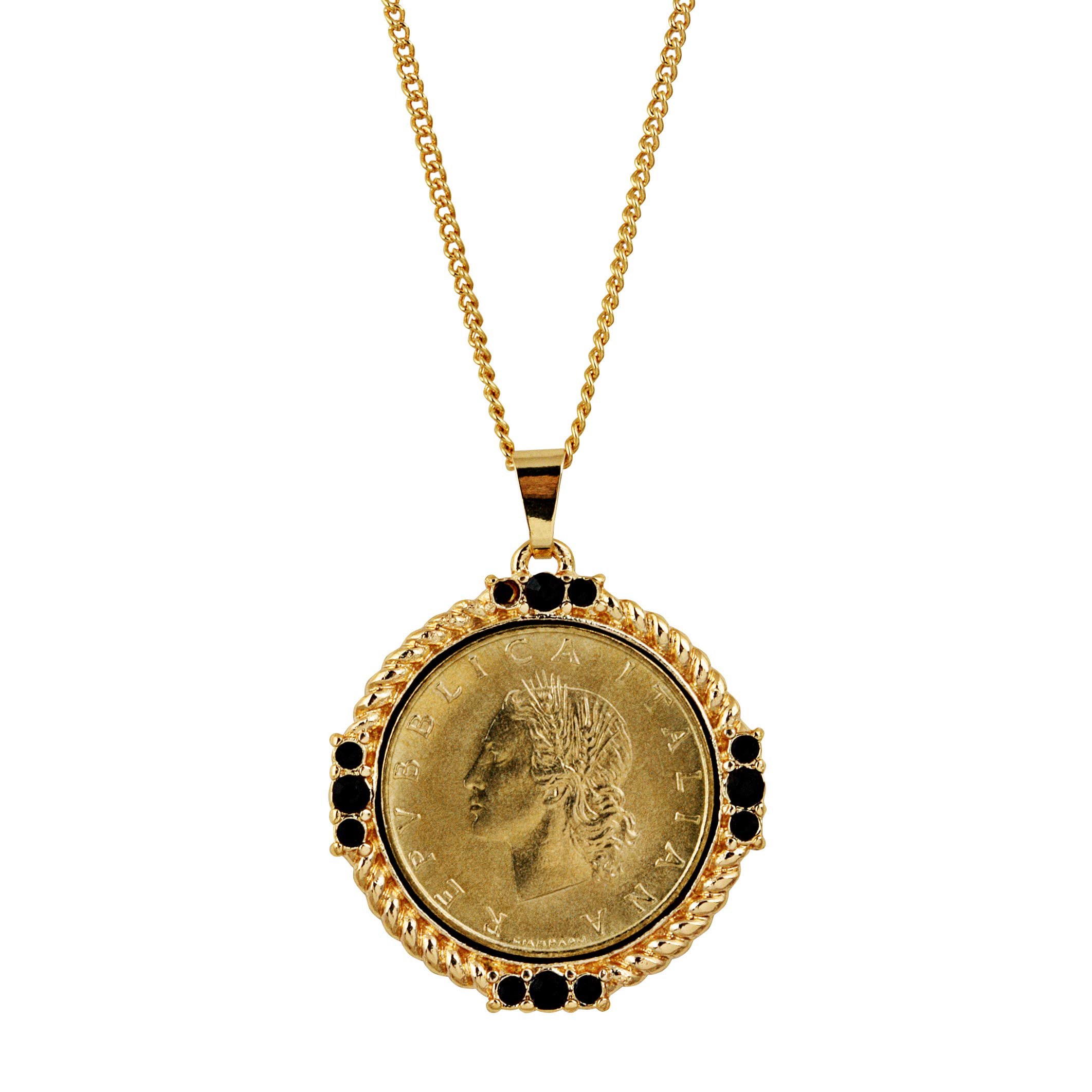 American Coin Treasures Italian 20 Lira Coin Pendant Necklace - Italian 20 Lire Goldtone Pendant with Faceted Round Jet Glass Stones| Italian Medallion Pendant