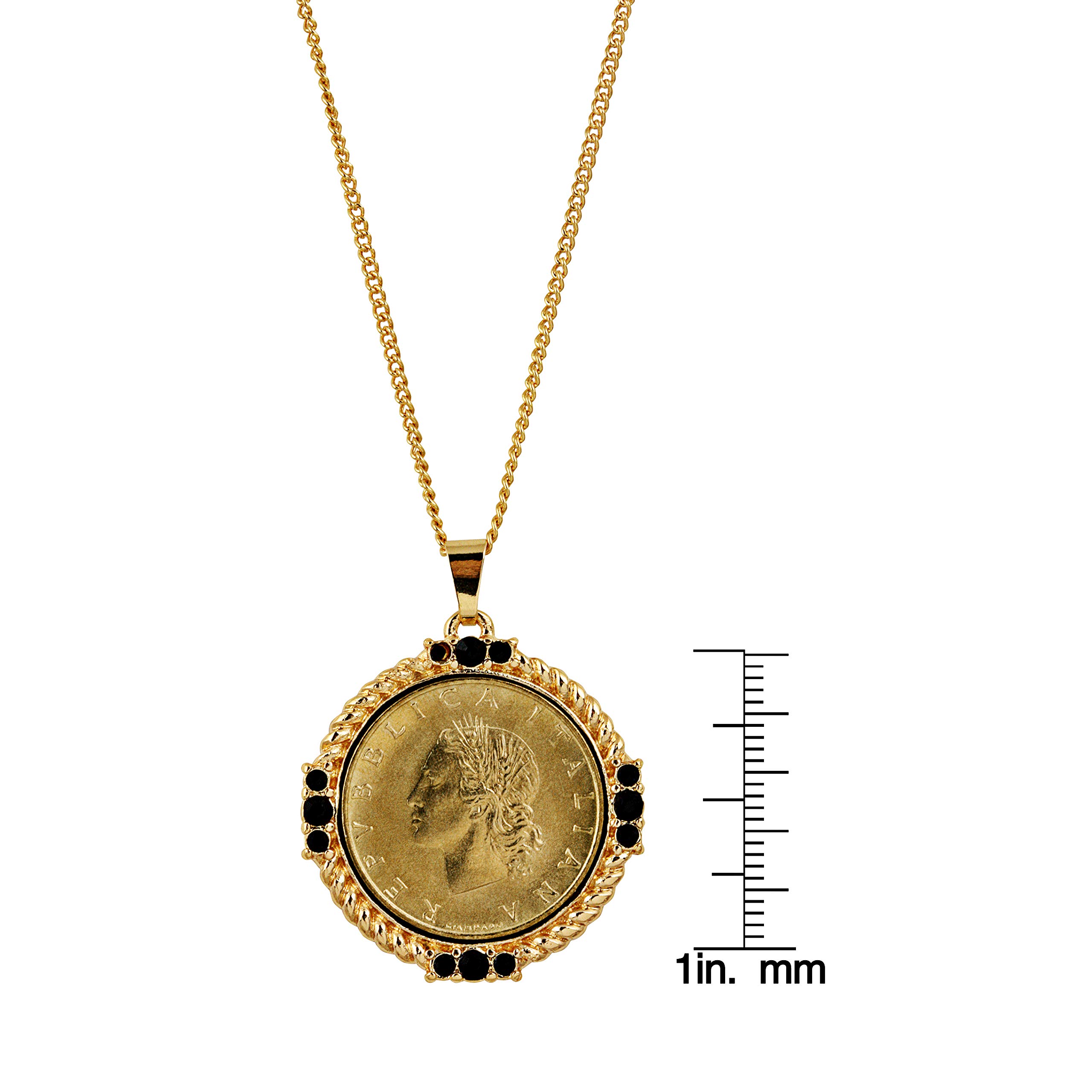 American Coin Treasures Italian 20 Lira Coin Pendant Necklace - Italian 20 Lire Goldtone Pendant with Faceted Round Jet Glass Stones| Italian Medallion Pendant