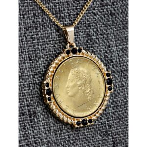 American Coin Treasures Italian 20 Lira Coin Pendant Necklace - Italian 20 Lire Goldtone Pendant with Faceted Round Jet Glass Stones| Italian Medallion Pendant