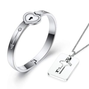 myneney his hers love heart key lock bangle bracelet tag pendat necklace set in a gift box (silver 6.5in)