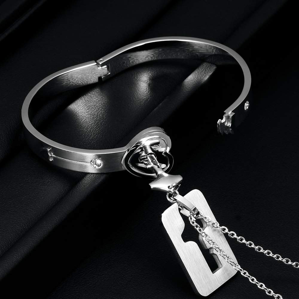 MYNENEY His Hers Love Heart Key Lock Bangle Bracelet Tag Pendat Necklace Set in a Gift Box (Silver 6.5In)