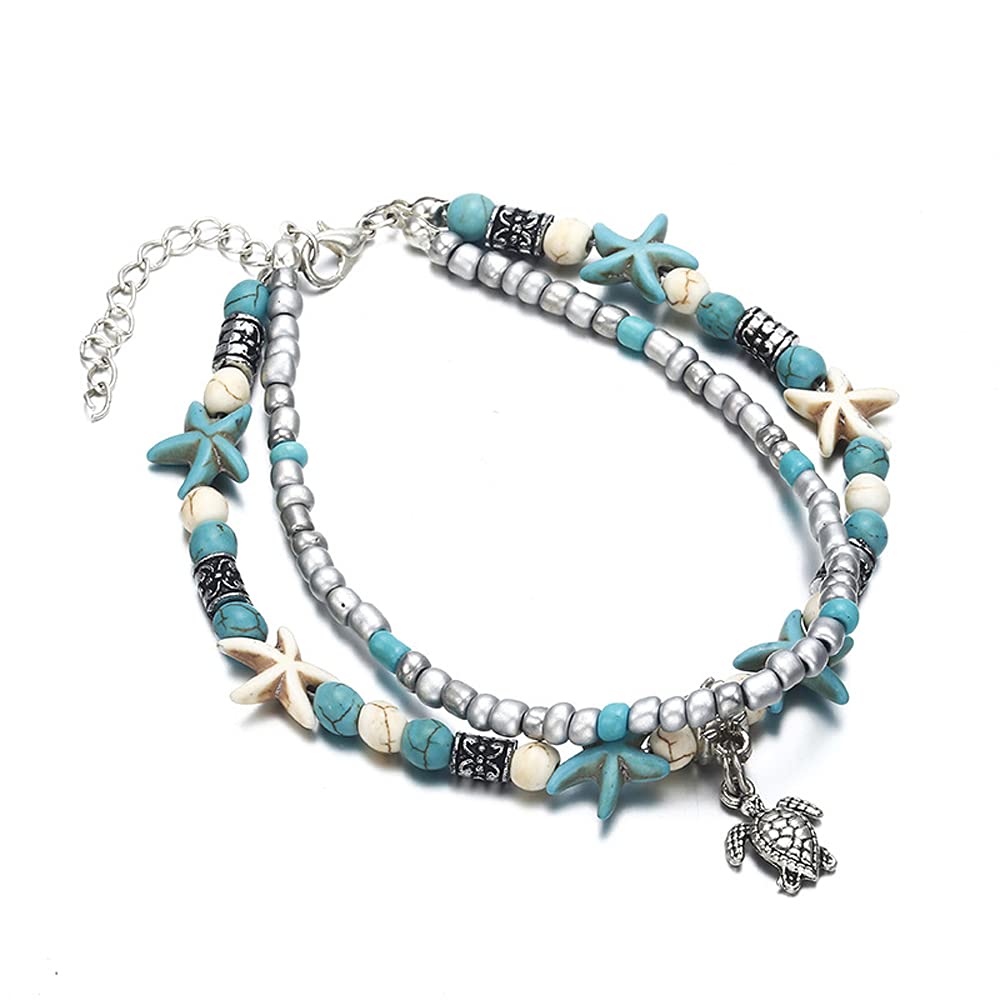 Softones Blue Starfish Turtle Anklet Multilayer Charm Beads Sea Handmade Boho Anklet Foot Jewelry for Women