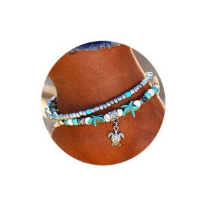 Softones Blue Starfish Turtle Anklet Multilayer Charm Beads Sea Handmade Boho Anklet Foot Jewelry for Women