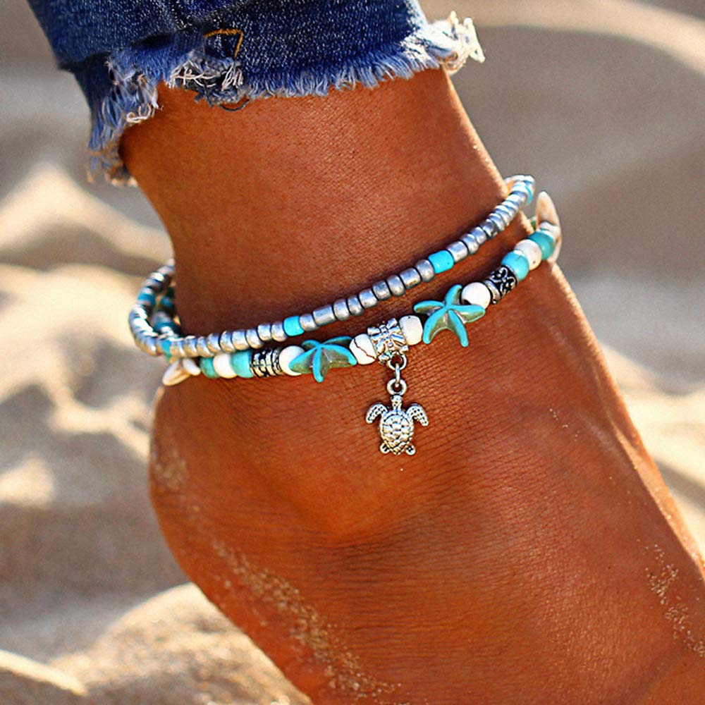 Softones Blue Starfish Turtle Anklet Multilayer Charm Beads Sea Handmade Boho Anklet Foot Jewelry for Women