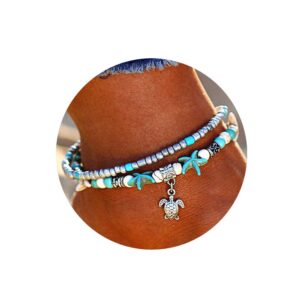 Softones Blue Starfish Turtle Anklet Multilayer Charm Beads Sea Handmade Boho Anklet Foot Jewelry for Women