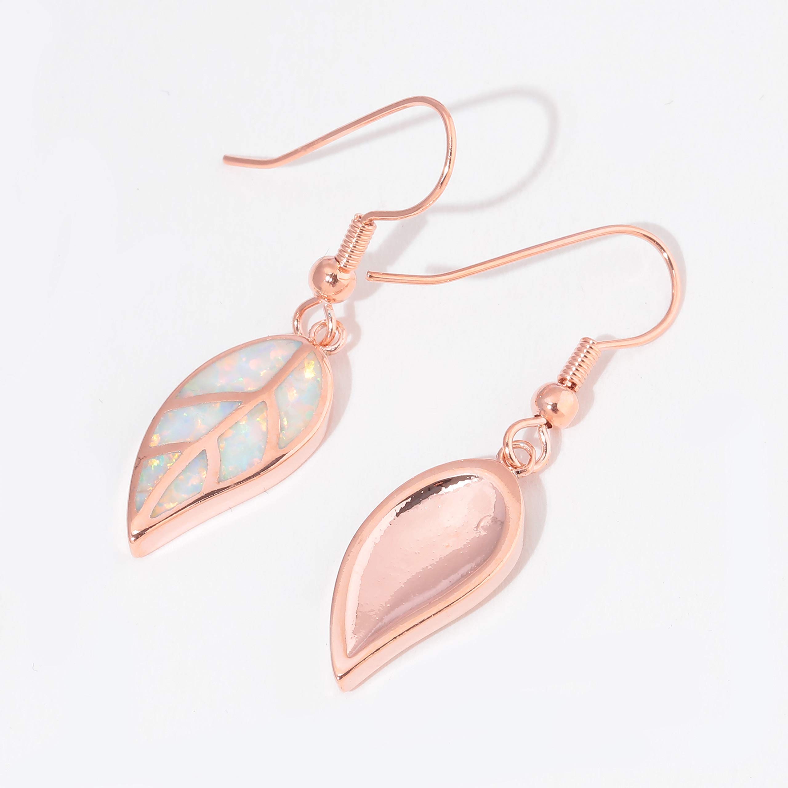 CINily Rose Gold Opal Dangle Earring-Leaf Drop Earrings White Opal Gemstone Dangle Earrings for Women