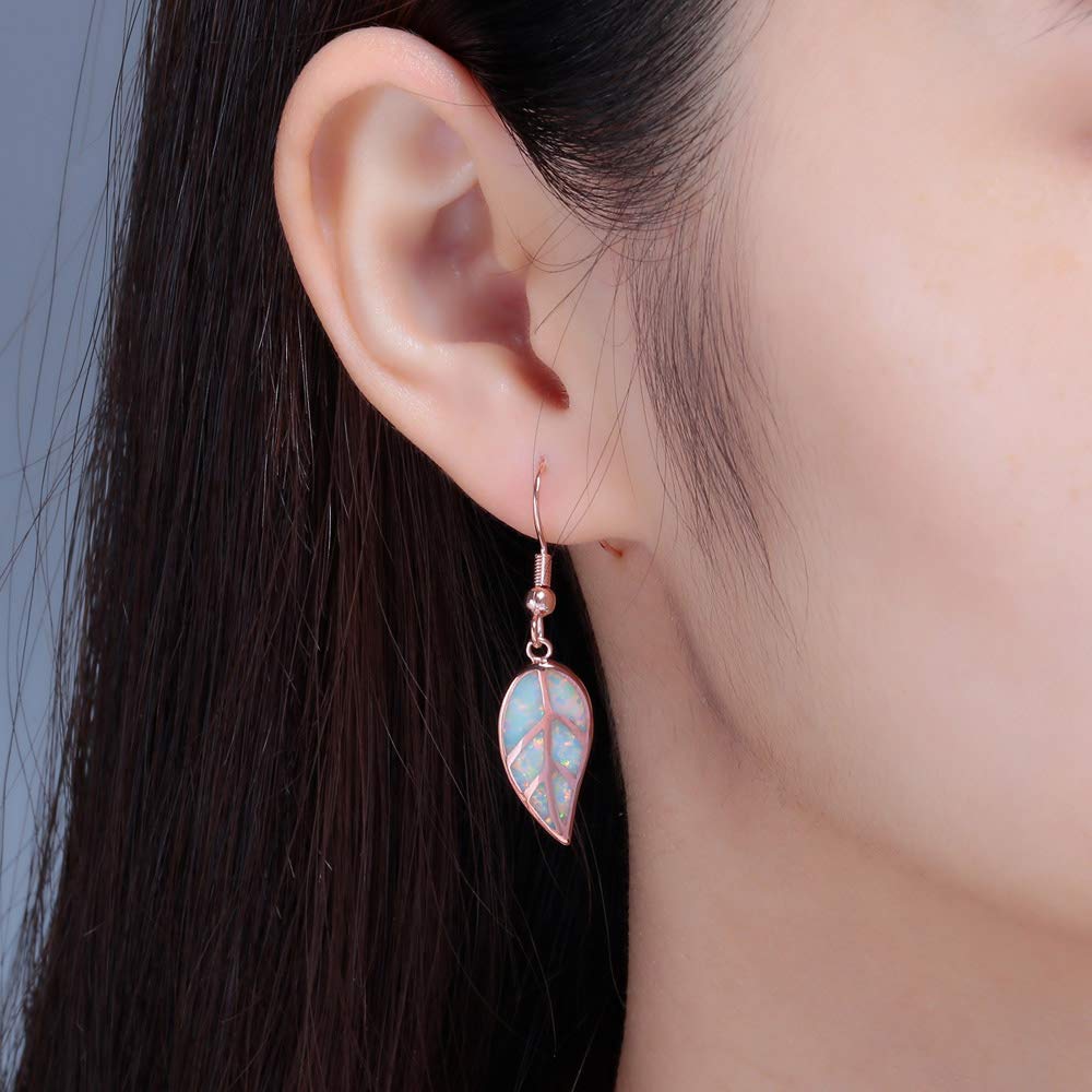 CINily Rose Gold Opal Dangle Earring-Leaf Drop Earrings White Opal Gemstone Dangle Earrings for Women