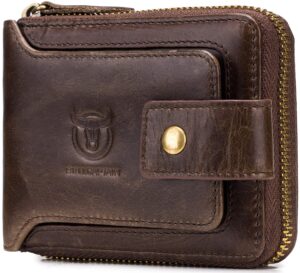 bullcaptain men’s genuine leather wallet,rfid blocking zip around bifold multi purse cowhide leather vintage secure card holder with id window (brown)