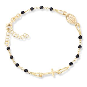 Miabella 18K Gold Over 925 Sterling Silver Italian Natural Black Spinel Rosary Cross Charm Bead Bracelet for Women, Adjustable Link Chain 6 to 8 Inch Handmade in Italy (7" to 8")