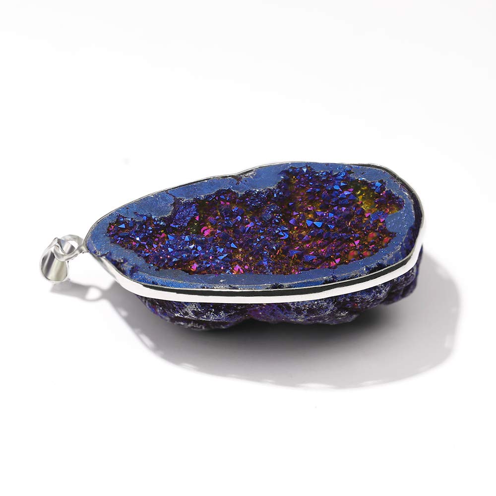 CXD-GEM Natural Agate Titanium Coated Crystal Geode Druzy Gemstone Pendant Hand-wrapped Pendant for Jewelry(Blue)