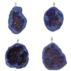 CXD-GEM Natural Agate Titanium Coated Crystal Geode Druzy Gemstone Pendant Hand-wrapped Pendant for Jewelry(Blue)