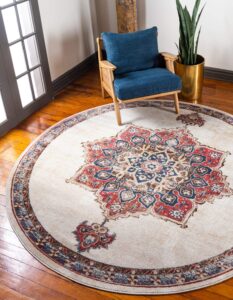 unique loom utopia collection traditional classic vintage inspired area rug with warm hues, 7' round, cream/blue