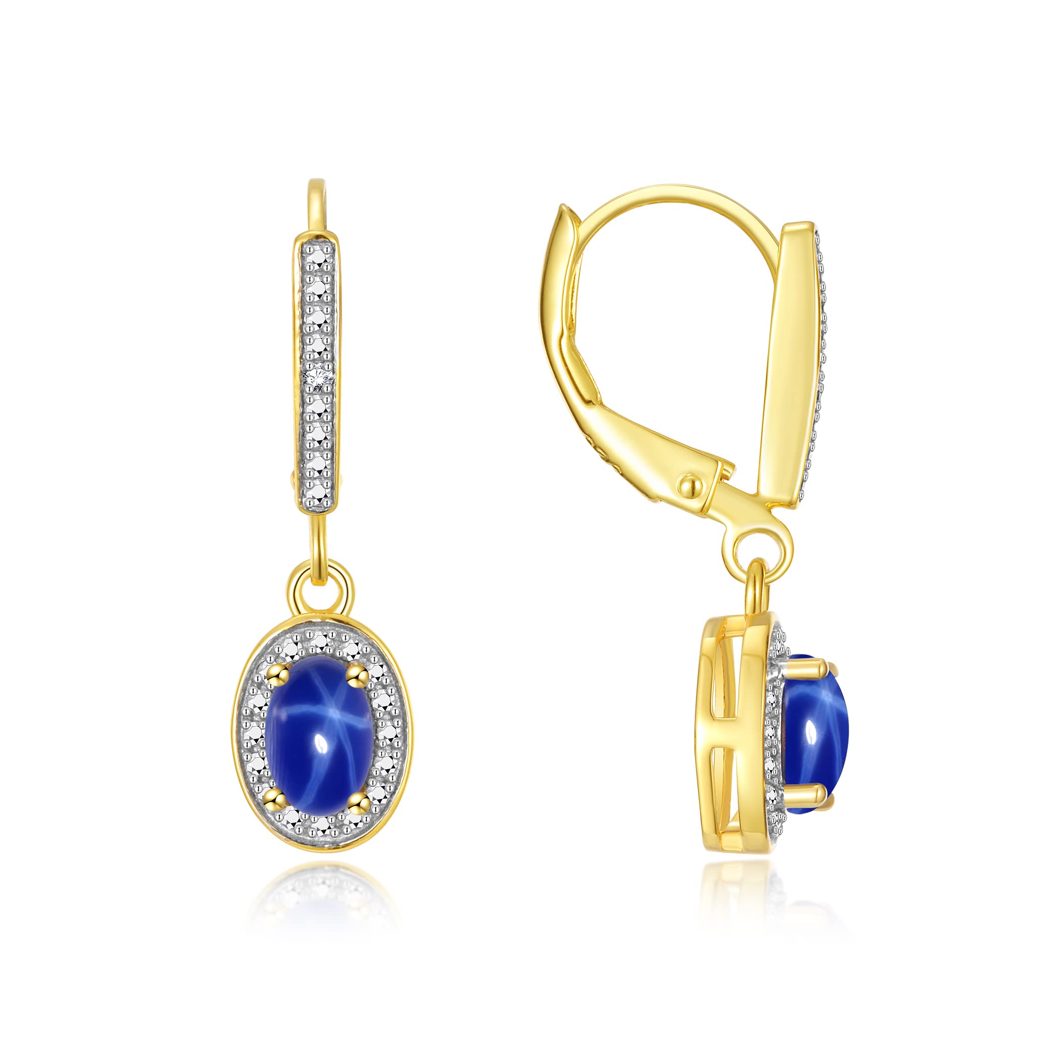 Rylos Yellow Gold Plated Silver Dangling Earrings - 6X4MM Oval Blue Star Sapphire & Sparkling Diamonds - Exquisite Birthstone Jewelry