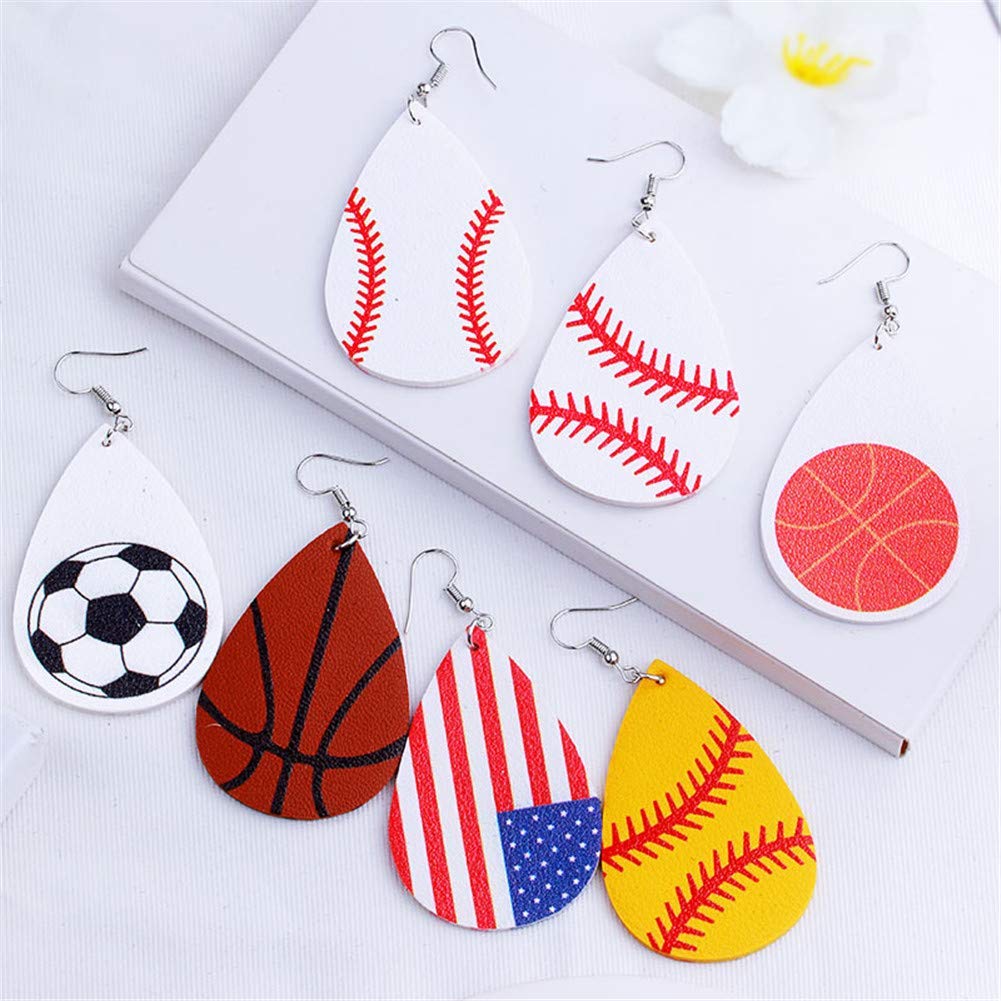 SUMMER LOVE Faux Leather Teardrop Earrings for Women Baseball Basketball Volleyball Leather Earrings Dangle Drop Earrings Jewelry Earrings