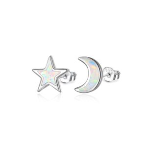 Cuoka Moon and Star Earrings 925 Sterling Silver Opal Star Moon Stud Earrings,Opal Celestial Star Earrings Jewelry for Women Daughter