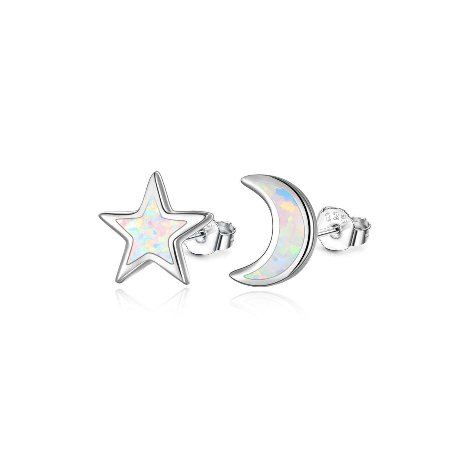 Cuoka Moon and Star Earrings 925 Sterling Silver Opal Star Moon Stud Earrings,Opal Celestial Star Earrings Jewelry for Women Daughter