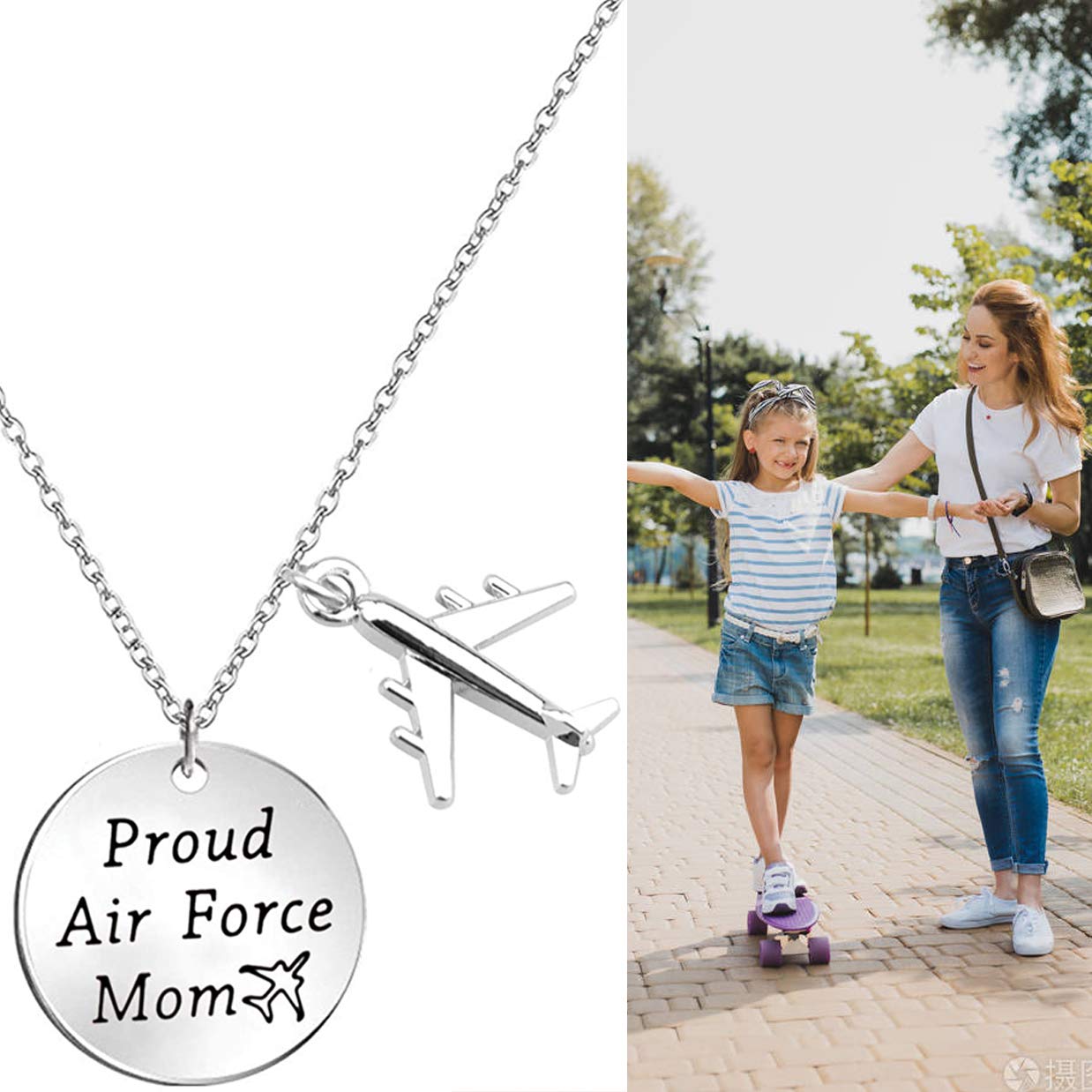 LQRI Airforce Mom Gift Proud Air Force Mom Necklace Airplane Charm Military Deployment Gift Long Distance Relationship Necklace for Mother (silver)