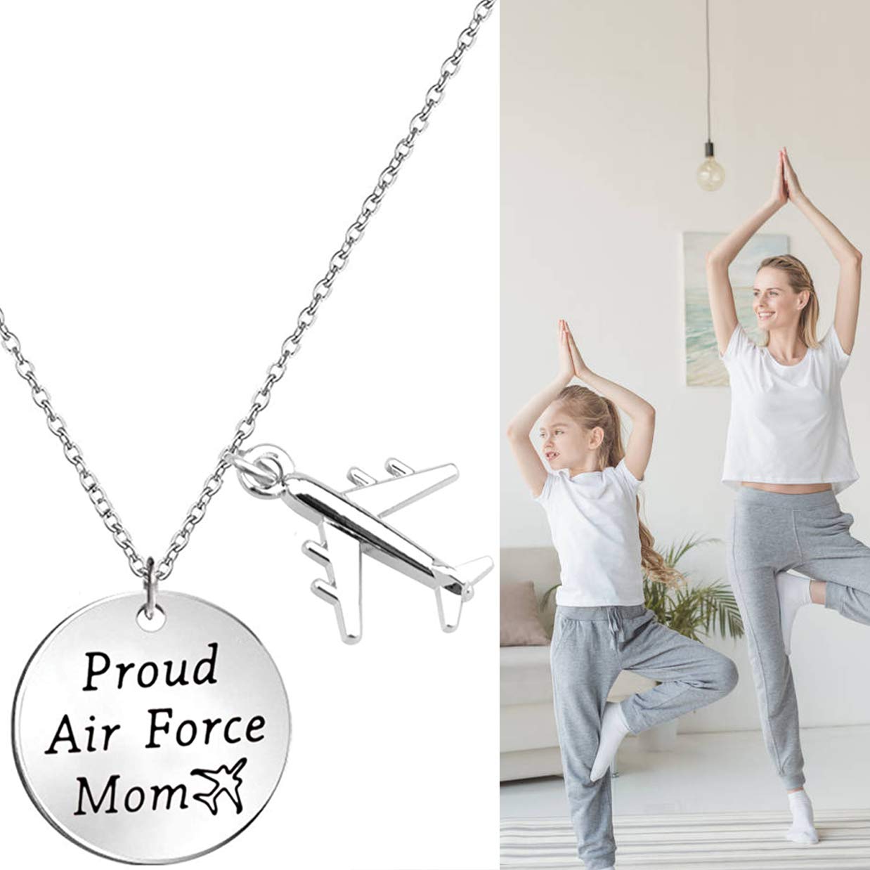 LQRI Airforce Mom Gift Proud Air Force Mom Necklace Airplane Charm Military Deployment Gift Long Distance Relationship Necklace for Mother (silver)