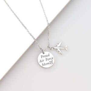 LQRI Airforce Mom Gift Proud Air Force Mom Necklace Airplane Charm Military Deployment Gift Long Distance Relationship Necklace for Mother (silver)