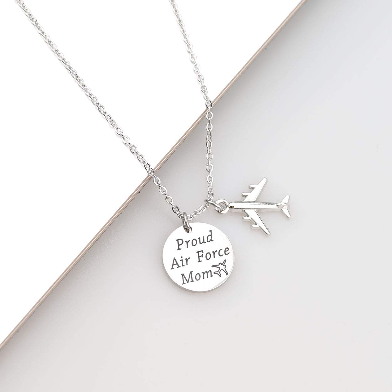 LQRI Airforce Mom Gift Proud Air Force Mom Necklace Airplane Charm Military Deployment Gift Long Distance Relationship Necklace for Mother (silver)