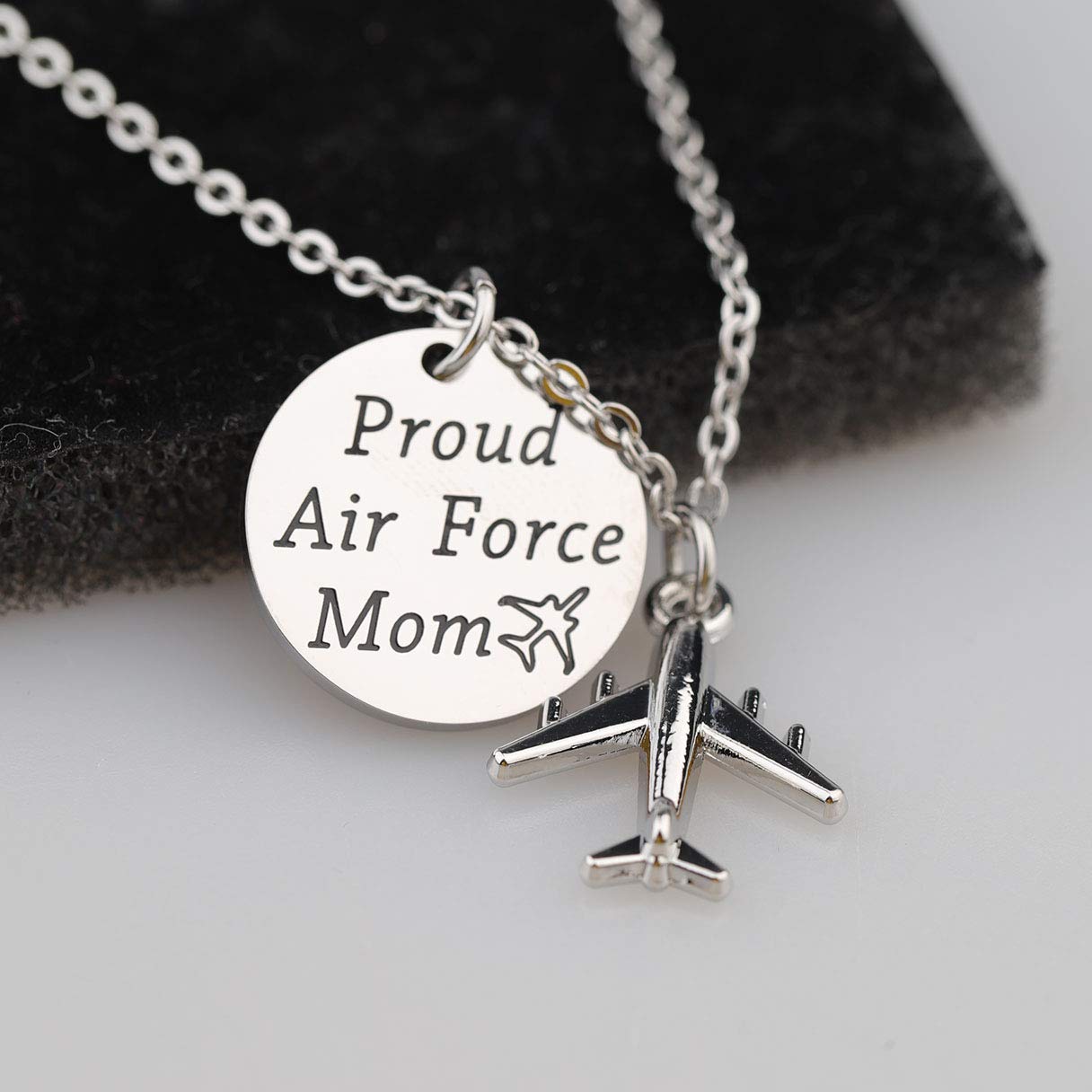 LQRI Airforce Mom Gift Proud Air Force Mom Necklace Airplane Charm Military Deployment Gift Long Distance Relationship Necklace for Mother (silver)