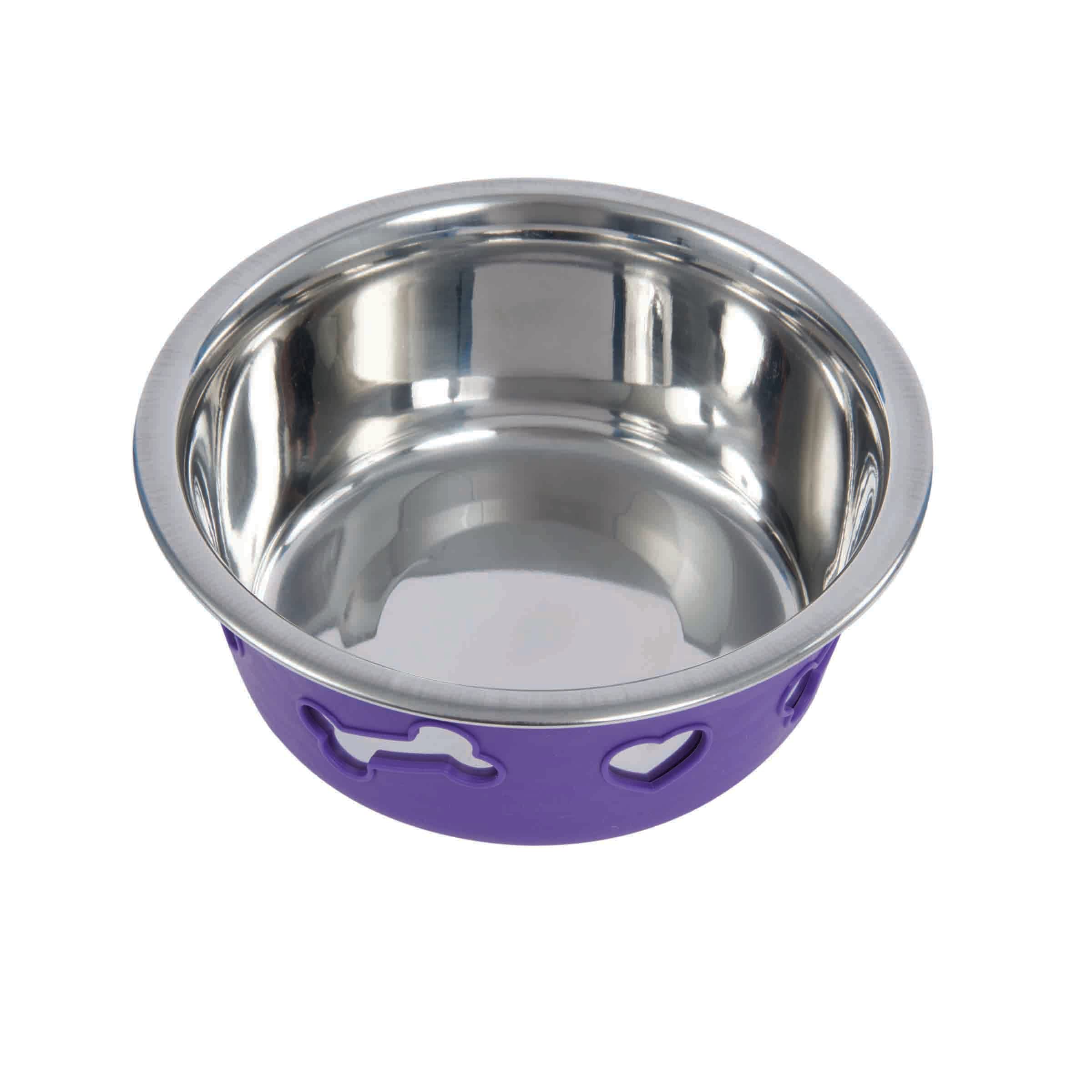 WeatherBeeta Non-Slip Stainless Steel Silicone Bone Dog Bowl, Dark Purple, 8"