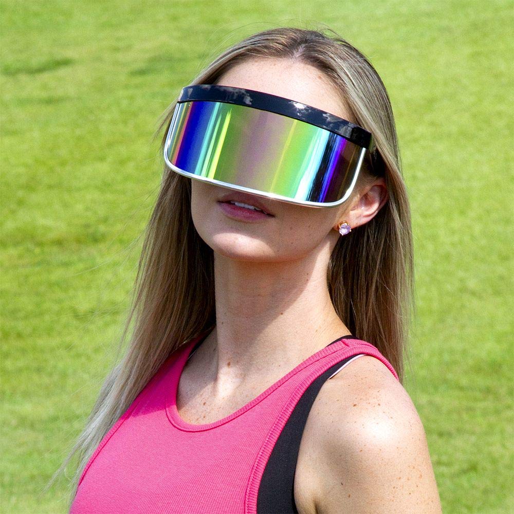 GloFX Visor Sunglasses - Rainbow Mirror Lens - Oversized Futuristic Shield Sunglasses - Perfect for EDM Raves, Music Festivals, Performance Art, Fashion