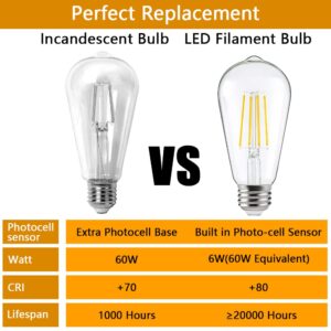 FAGUANGAO ST64 LED Dusk to Dawn Light Bulbs Outdoor,6W 60W Equivalent,2700K Warm White,650 Lumens E26 Edison Filament Photocell Sensor Bulb,Auto On/Off Vintage Bulbs for Porch,Patio,Garage,4 Pack