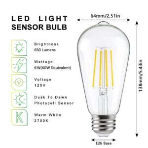 FAGUANGAO ST64 LED Dusk to Dawn Light Bulbs Outdoor,6W 60W Equivalent,2700K Warm White,650 Lumens E26 Edison Filament Photocell Sensor Bulb,Auto On/Off Vintage Bulbs for Porch,Patio,Garage,4 Pack