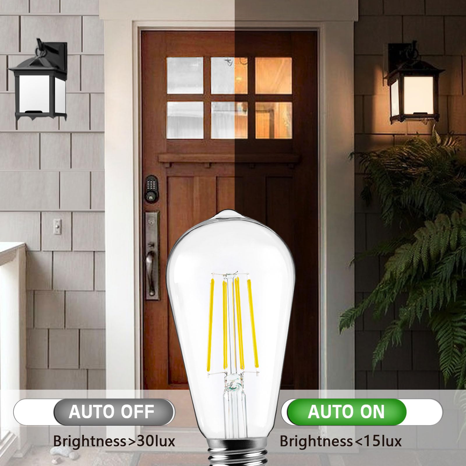 FAGUANGAO ST64 LED Dusk to Dawn Light Bulbs Outdoor,6W 60W Equivalent,2700K Warm White,650 Lumens E26 Edison Filament Photocell Sensor Bulb,Auto On/Off Vintage Bulbs for Porch,Patio,Garage,4 Pack