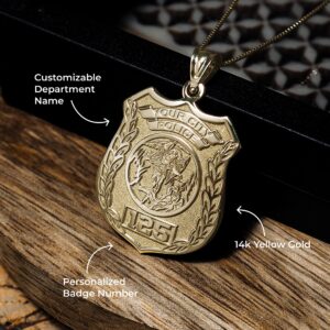 PicturesOnGold.com Solid 10K Yellow Gold Saint Michael Personalized Police Badge with Department & Badge Number - Size 1 x 1-1/4 Inch