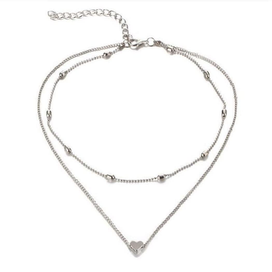 Artmiss Love Heart Layered Choker Necklace Delicate Beaded Pendant Necklace Silver Heart Double Chain for Women