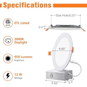 OOOLED Recessed Lighting 6 Inch, Canless LED Recessed Light Fixtures with Junction Box, 12W (100W Eqv), 950LM, 5000K Daylight, Dimmable LED Downlight and Ceiling Lights LED, ETL Listed, 12-Pack