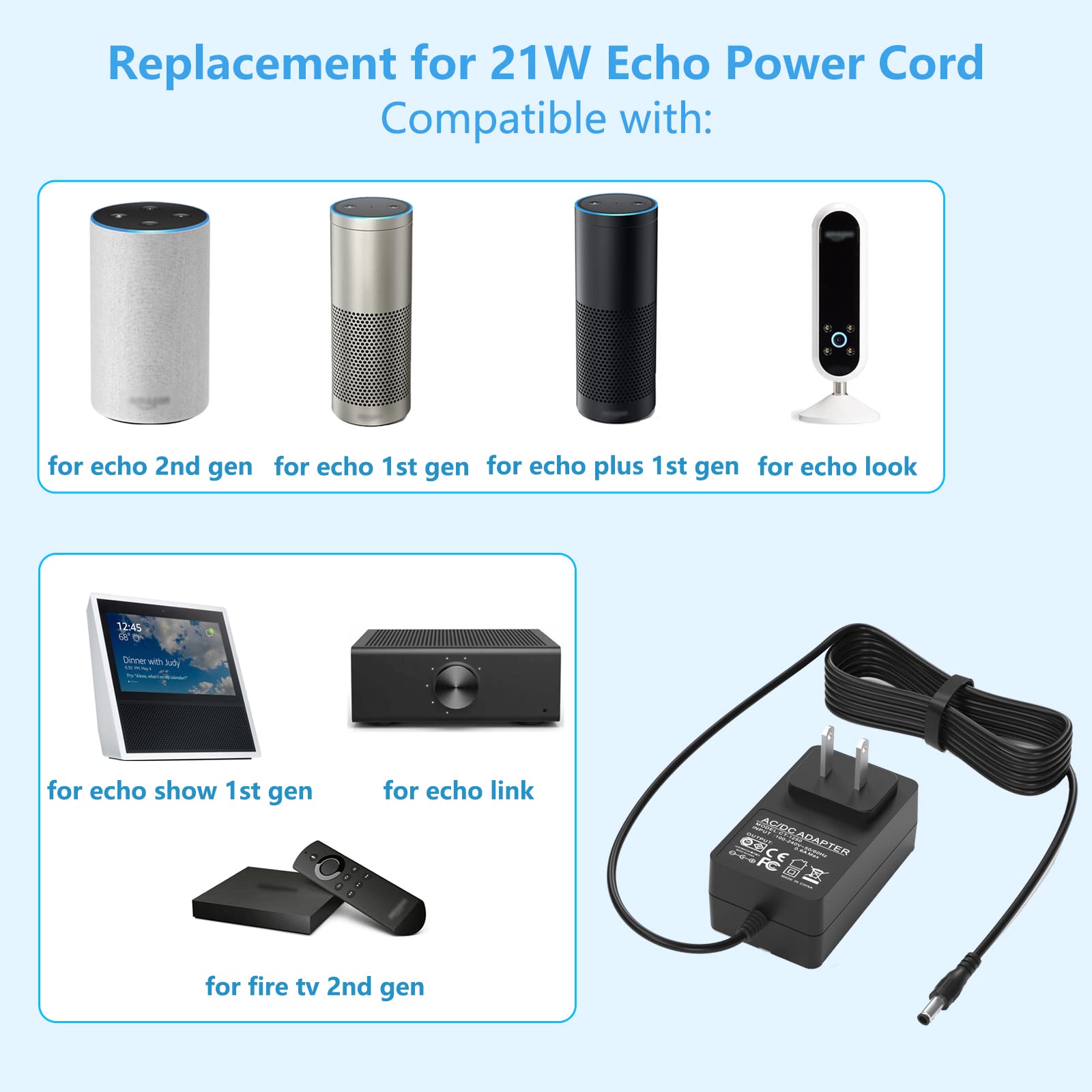 21W Replacement for Echo Alexa Charger compatible with Echo1st & 2nd Gen, Fire TV (2nd Gen), Show (1st Gen), Plus (1st Gen), Look, Link Power Adapter【5FT】