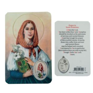 village gift importers holy figure prayer card with medal | saint prayer and medal | 8 figures (st. dymphna)