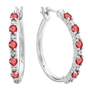 Dazzlingrock Collection Sterling Silver Round Ruby & White Diamond Ladies Fine Hoop Earrings