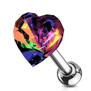 amelia fashion 16 gauge crystal heart top tragus/cartilage barbell stud 316l surgical steel length 6mm (choose color) (vitrail light)