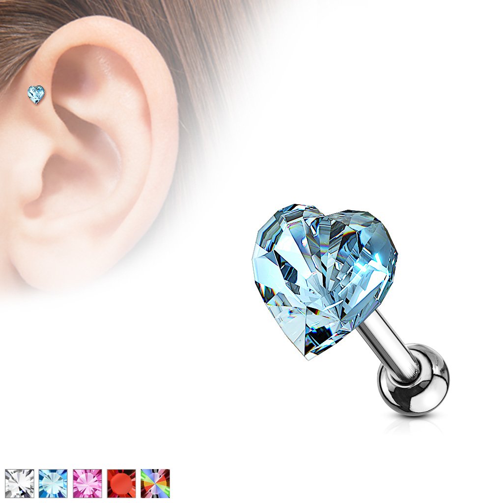 Amelia Fashion 16 Gauge Crystal Heart Top Tragus/Cartilage Barbell Stud 316L Surgical Steel Length 6mm (Choose Color) (Vitrail Light)